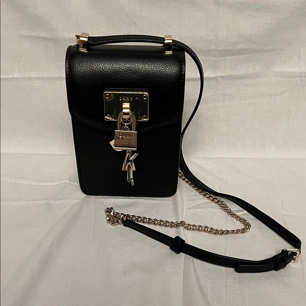 Black DKNY Crossbody Bag with Gold Accents